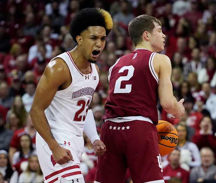 Wisconsin Badgers guard Chucky Hepburn (23) reacts during the first half of the game against the Indiana Hoosiers on Friday January 19, 2024 at the Kohl Center in Madison, Wis.